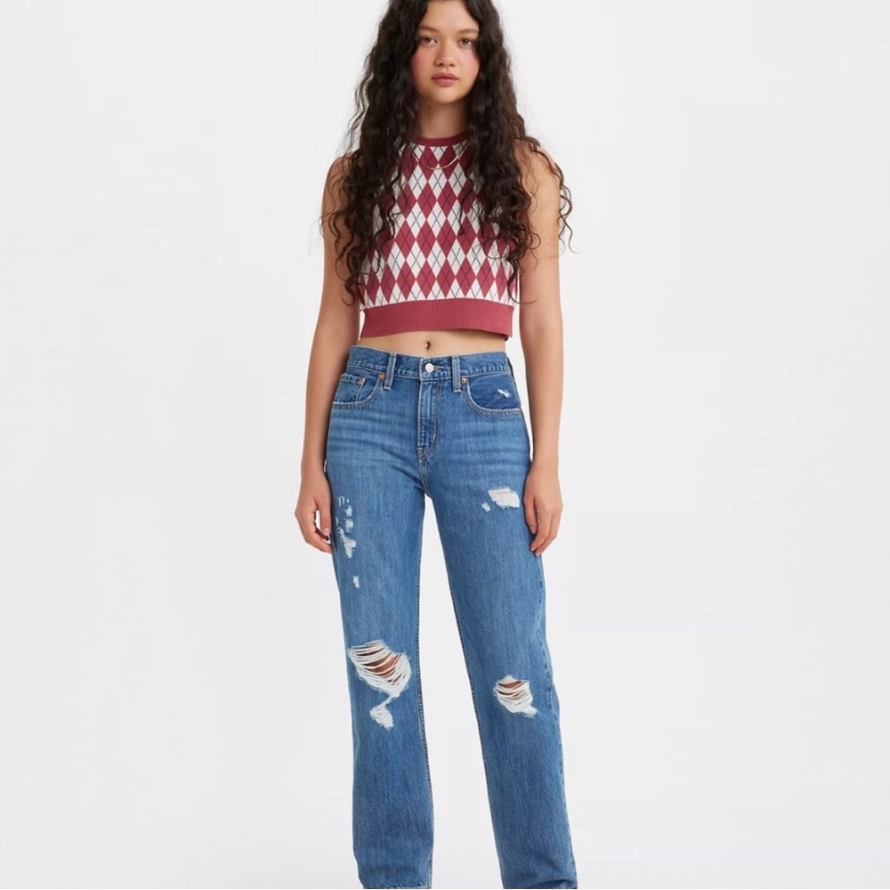 Levi's Low Pro Straight Leg Raw Hem Distressed Jeans Amplify It Blue size 26